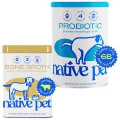 Native Pet Vet-Formulated Probiotic & Prebiotic Digestive Issues Powder Supplement For Dogs & Native Pet Beef Bone Broth Powder Dog & Cat Food Topper